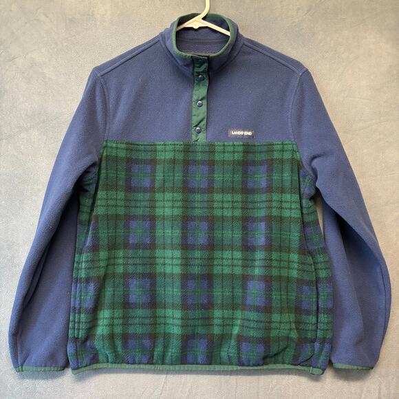 Lands End 3/4 Button Up Fleece Sweatshirt Plaid Kids Medium 10-12 Two Tone Cozy - Picture 1 of 13